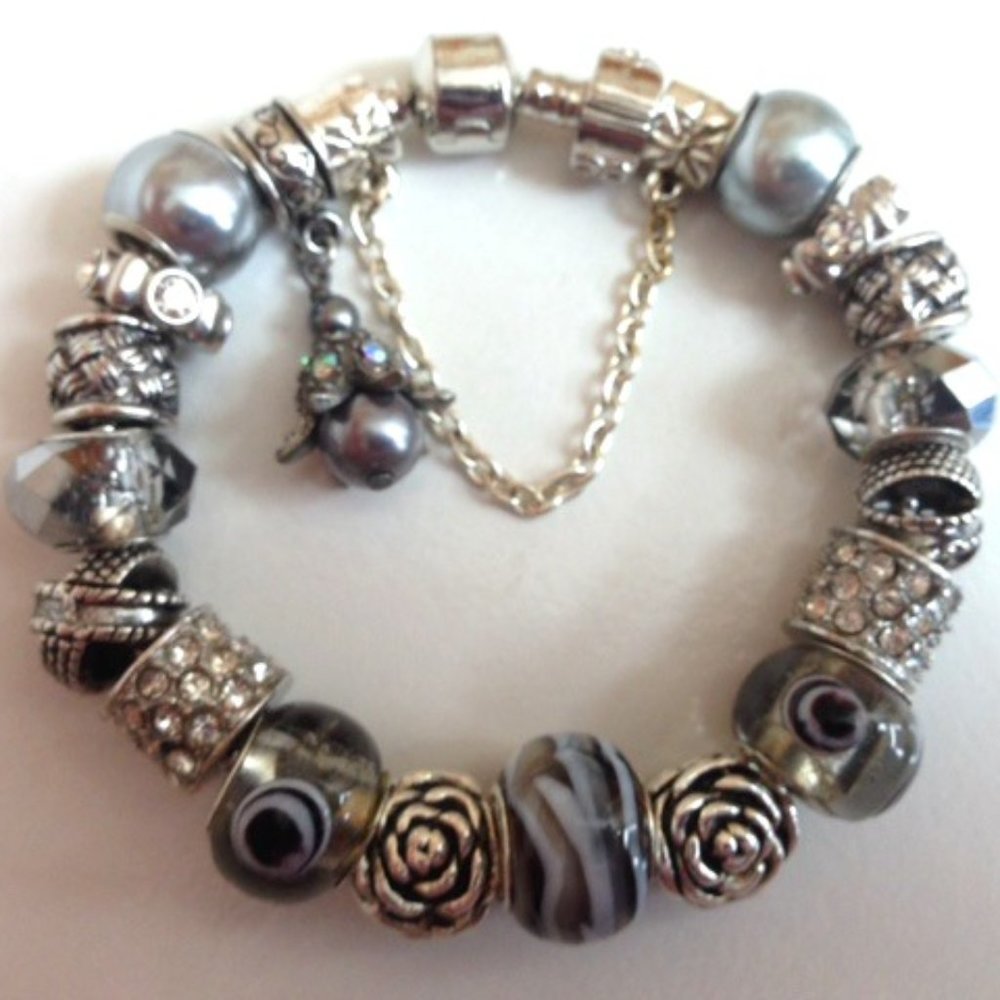 European Style Charm Bracelet Murano Glass Beads with Snap Clasp + Stopper, 7.9"